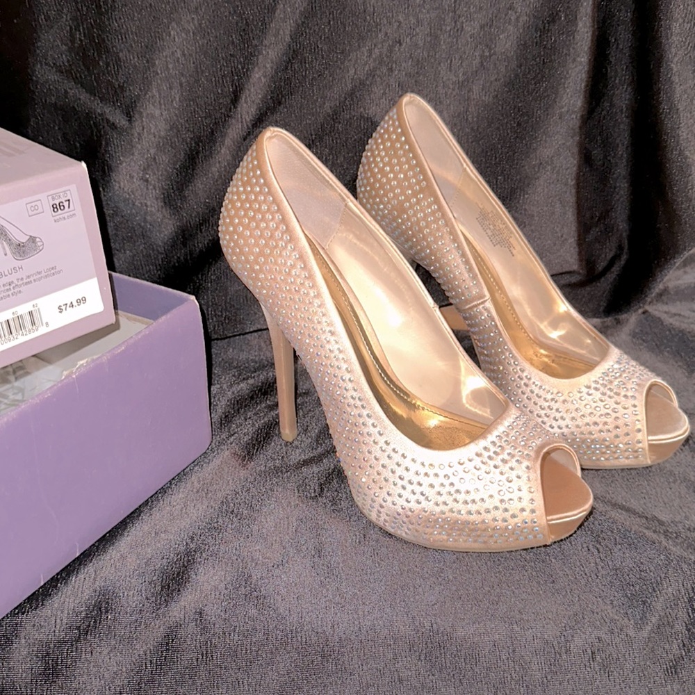 *NEW* Jennifer Lopez Swarovski Crystal Platform Heels 8 Champagne